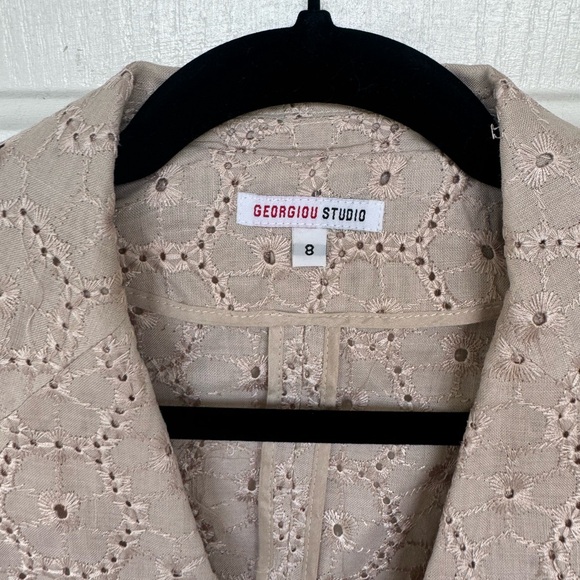 Vintage Georgiou Studio 100% linen eyelet breathable tan button up jacket size 8 - Picture 3 of 6